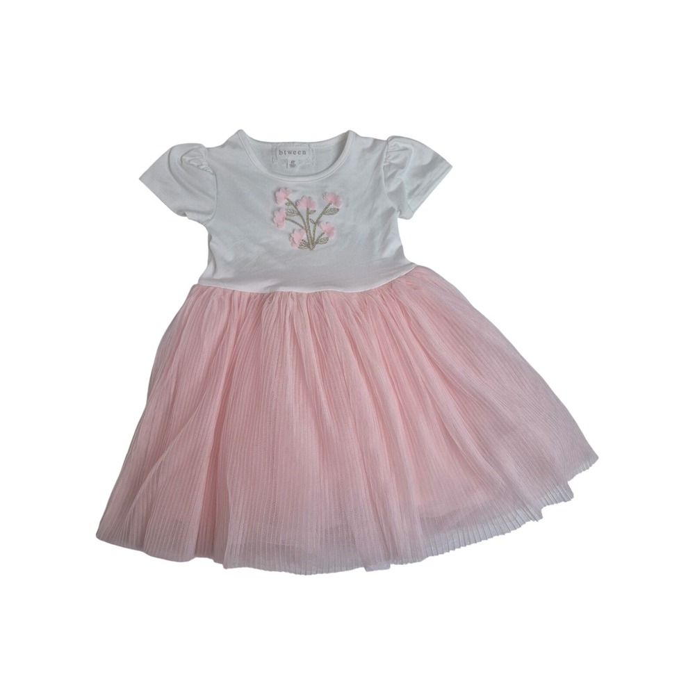 btween Girls 4T White Pink Floral Tutu Dress Short Sleeve‎ Tulle Skirt 2G2614